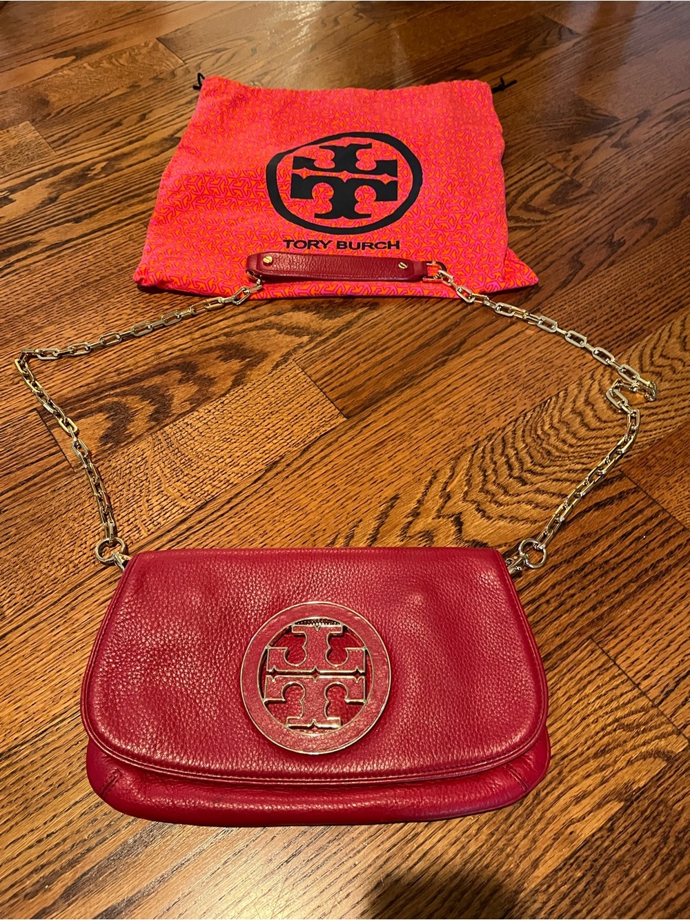 Tory Burch Red Leather Chain Crossbody with Logo Medallion with dust bag